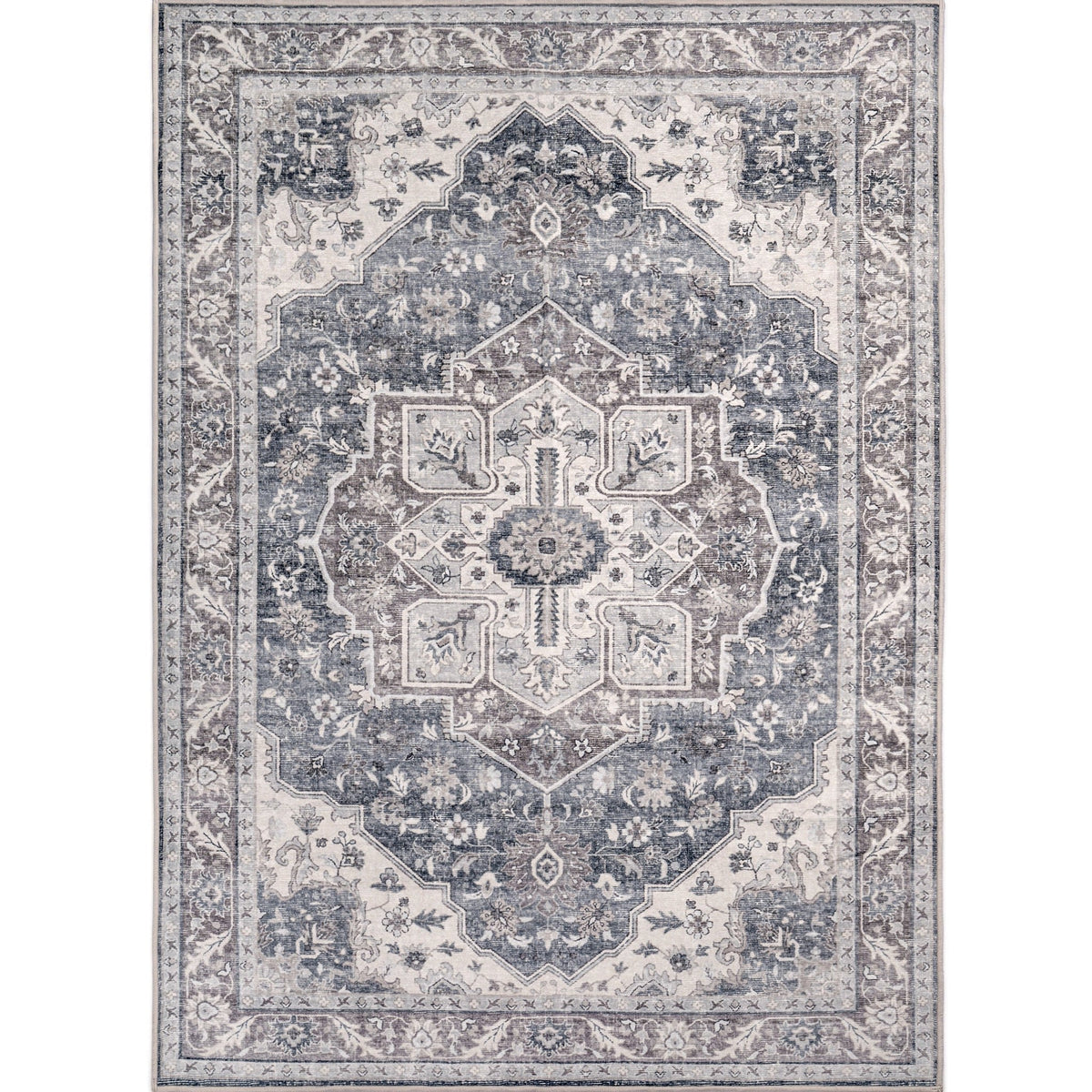 Washable Area Rug – Vintage Medallion in Ash & Natural, Pet-Friendly - image 1