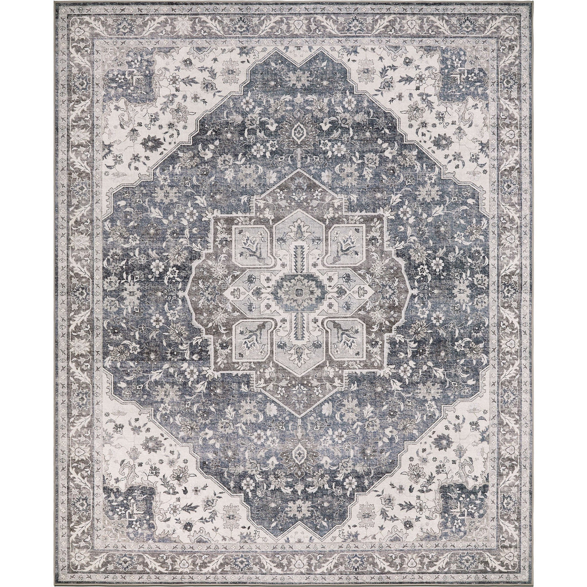 Washable Area Rug – Vintage Medallion in Ash & Natural, Pet-Friendly - image 2