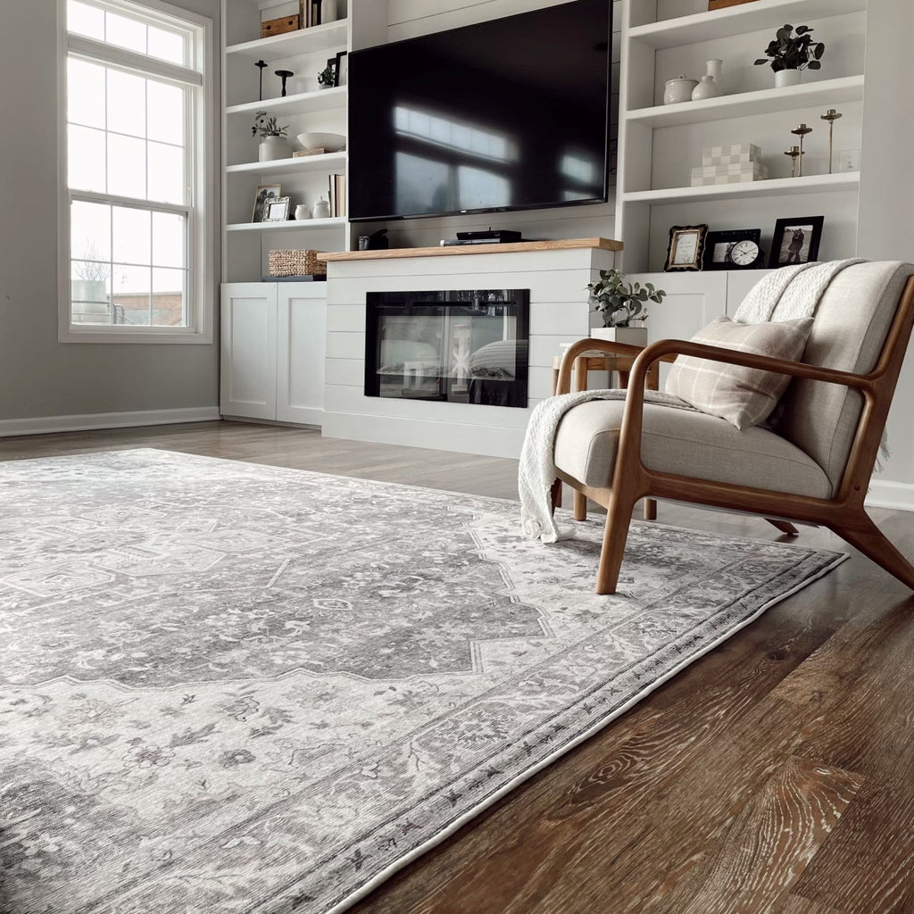 Washable Area Rug – Vintage Medallion in Ash & Natural, Pet-Friendly - image 3