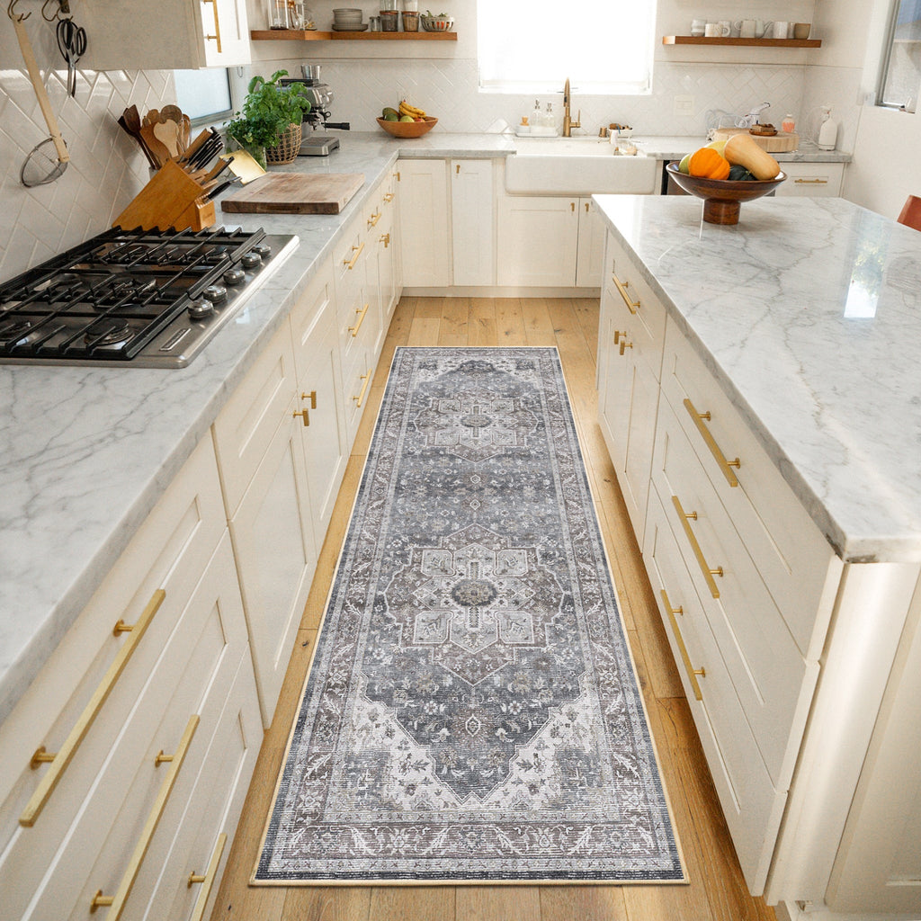 Washable Area Rug – Vintage Medallion in Ash & Natural, Pet-Friendly - image 4