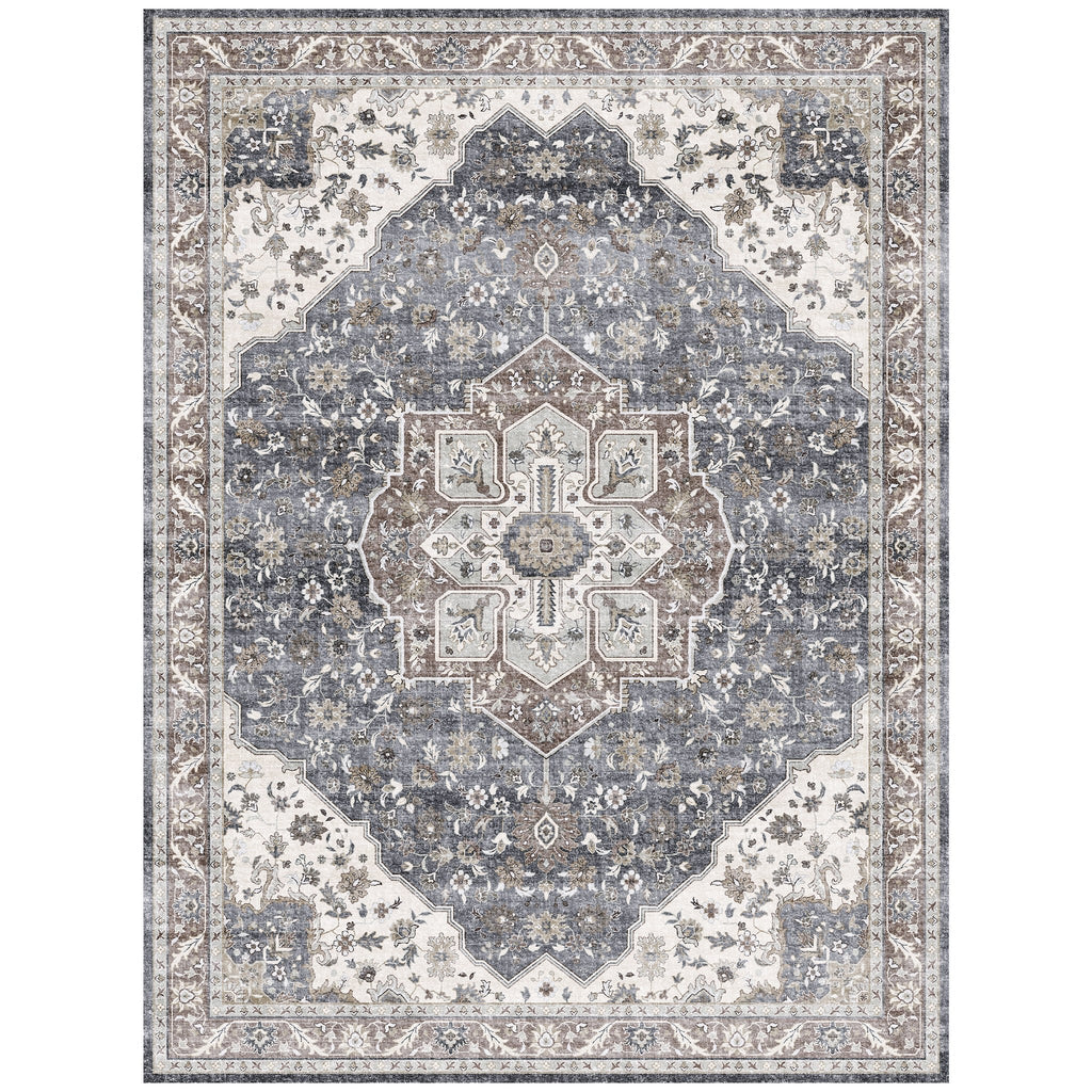 Washable Area Rug – Vintage Medallion in Ash & Natural, Pet-Friendly - image 12