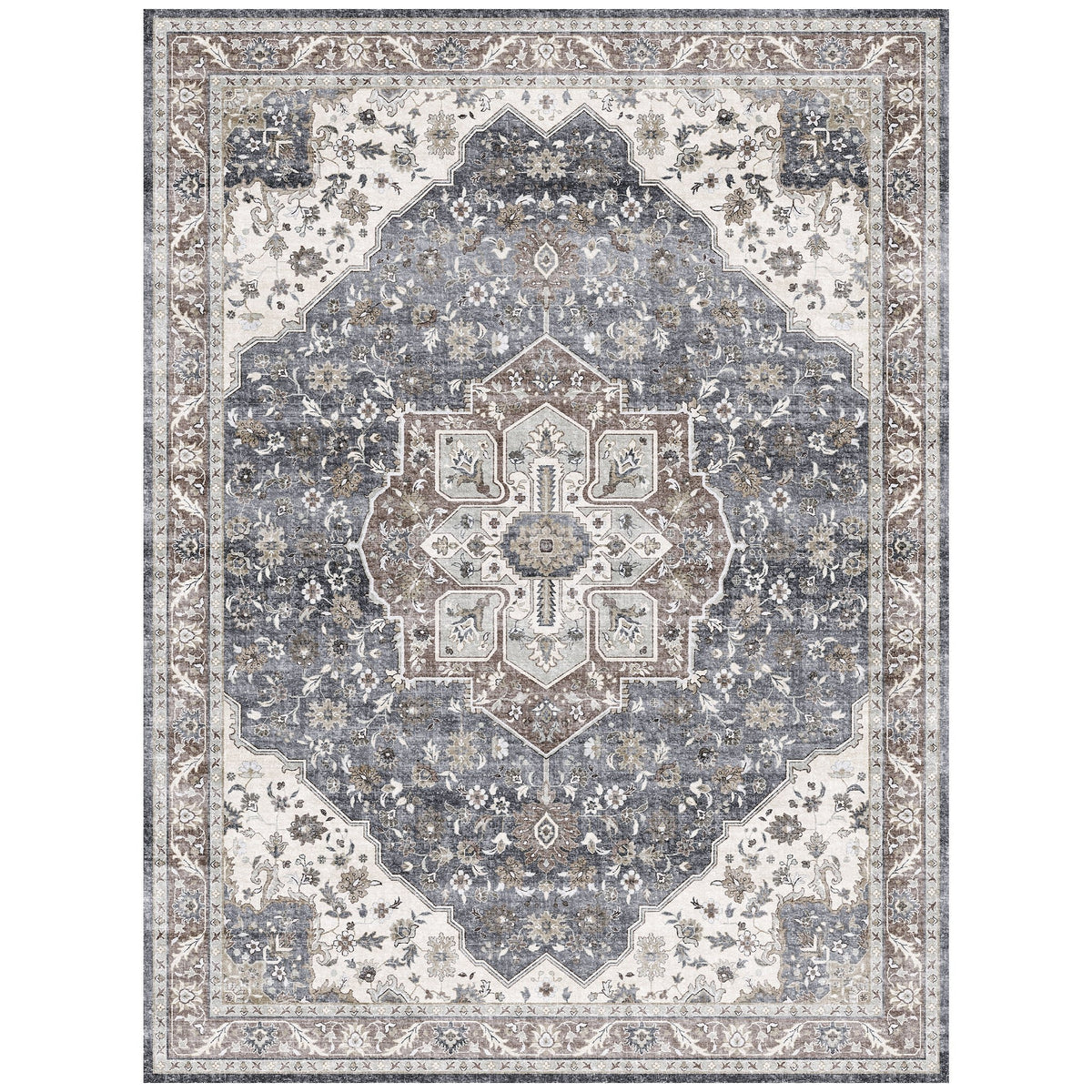 Washable Area Rug – Vintage Medallion in Ash & Natural, Pet-Friendly - image 12