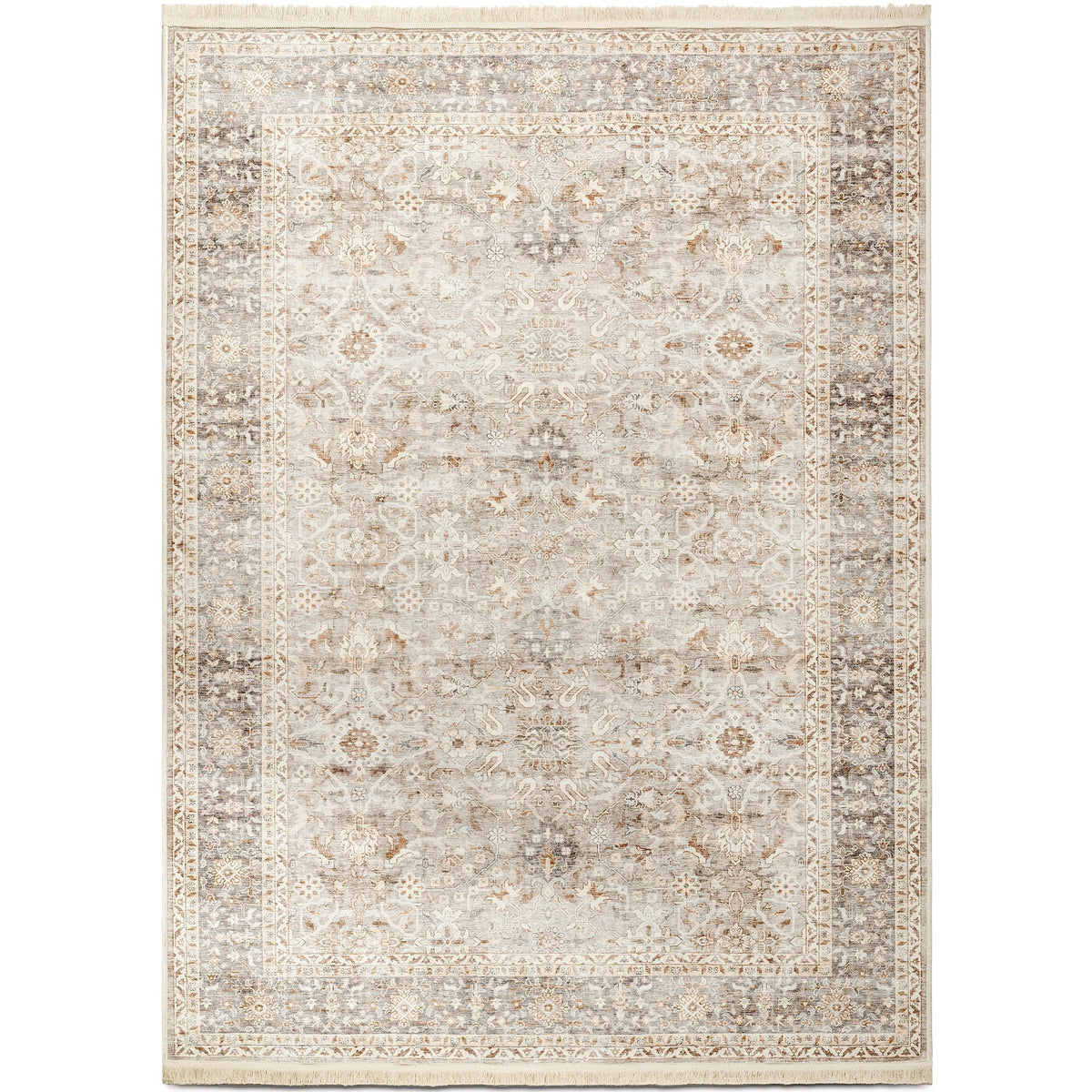 Washable Fringed Area Rug – Persian-Style Taupe Rug with Decorative Fringe - image 1
