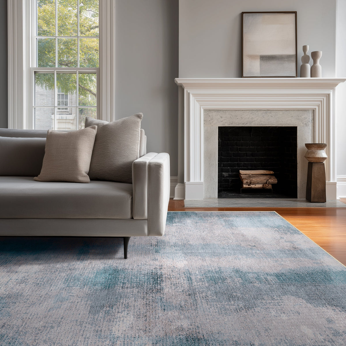 Washable Area Rug – Watercolour Abstract in Sand & Sea Tones - image 3