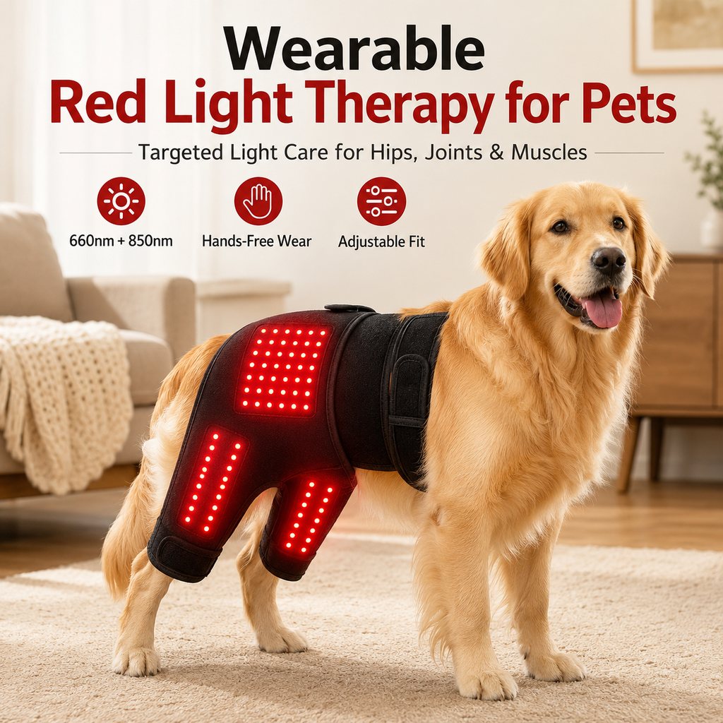 Wearable red light therapy sleeve for dogs, used for home care of the lower back and hind legs/hips.