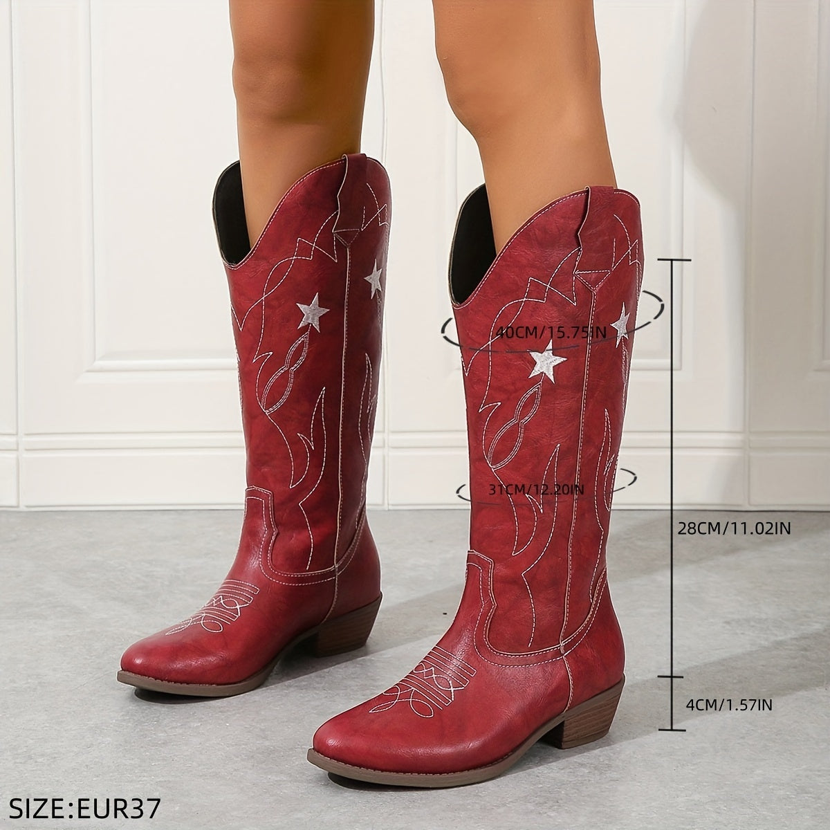 White Star and Flame Western Knee High Boots