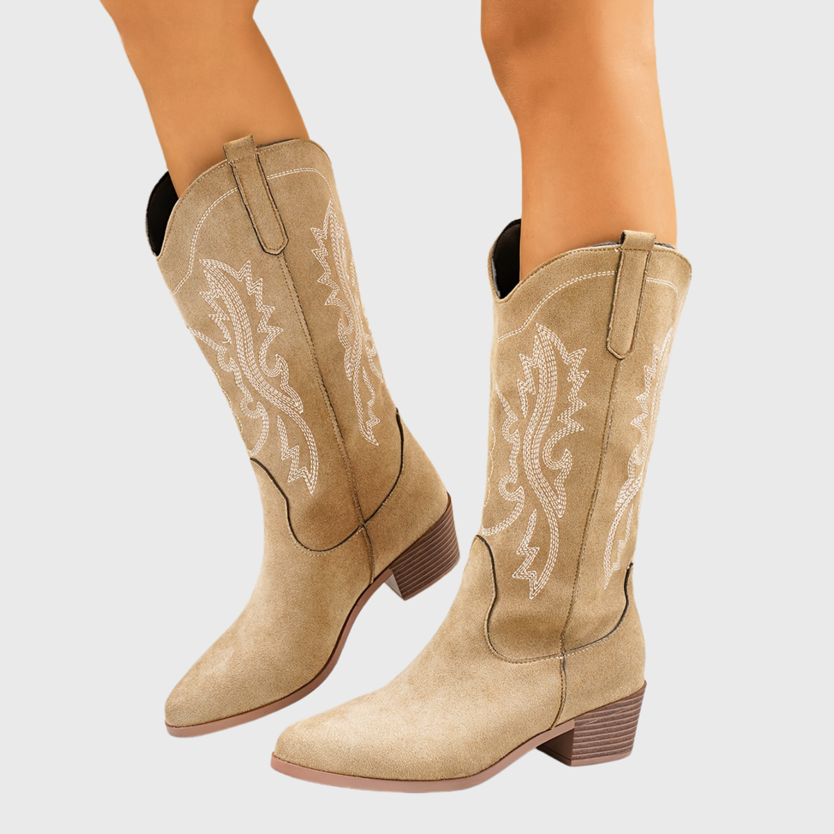 Wide Calf Western Boots with Cream Scroll Stitch