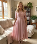 Women's Autumn Wedding Guest Dress | Midi Lace Overlay Cascading Ruffle