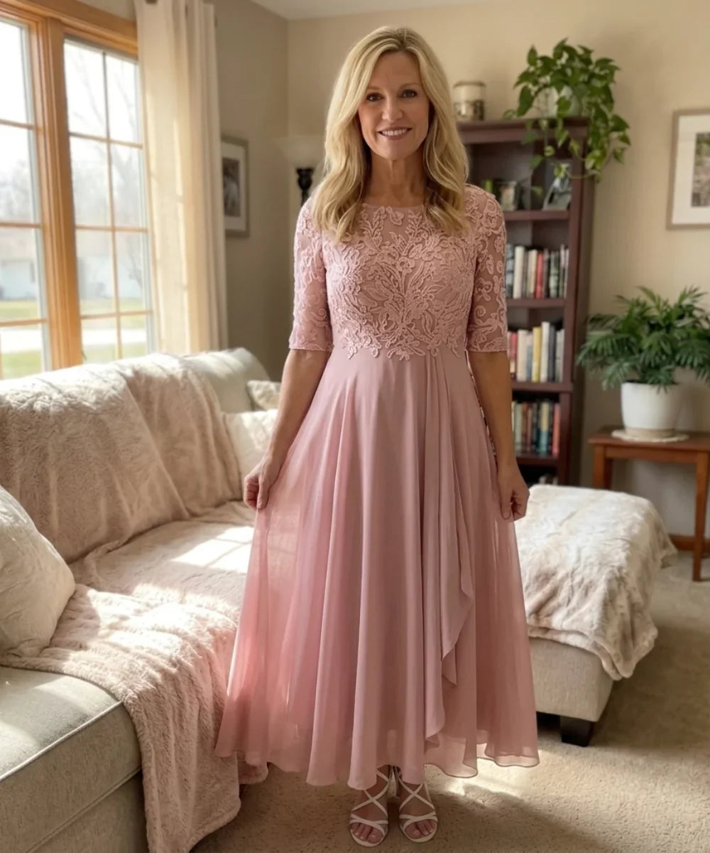 Women's Autumn Wedding Guest Dress | Midi Lace Overlay Cascading Ruffle