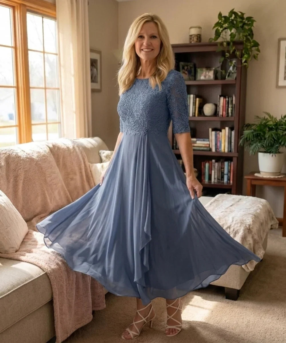 Women's Autumn Wedding Guest Dress | Midi Lace Overlay Cascading Ruffle