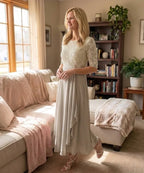 Women's Autumn Wedding Guest Dress | Midi Lace Overlay Cascading Ruffle