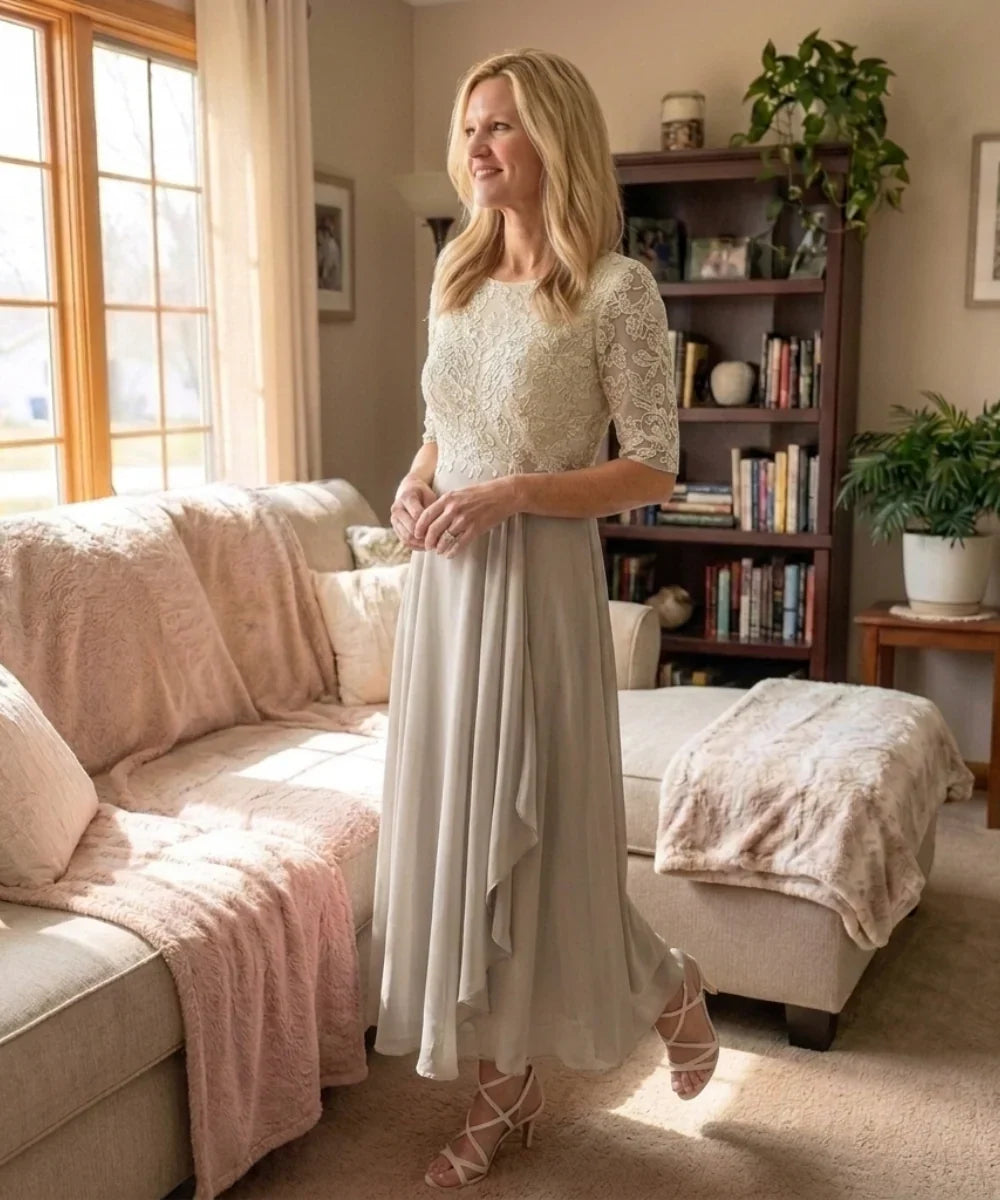 Women's Autumn Wedding Guest Dress | Midi Lace Overlay Cascading Ruffle