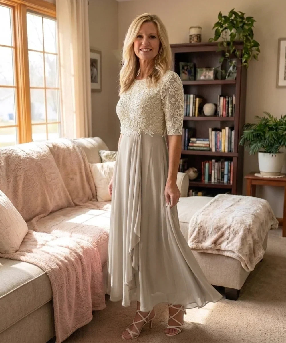 Women's Autumn Wedding Guest Dress | Midi Lace Overlay Cascading Ruffle