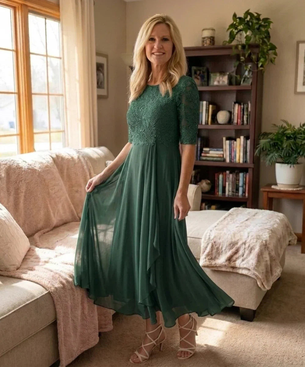 Women's Autumn Wedding Guest Dress | Midi Lace Overlay Cascading Ruffle