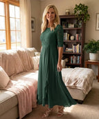 Women's Autumn Wedding Guest Dress | Midi Lace Overlay Cascading Ruffle