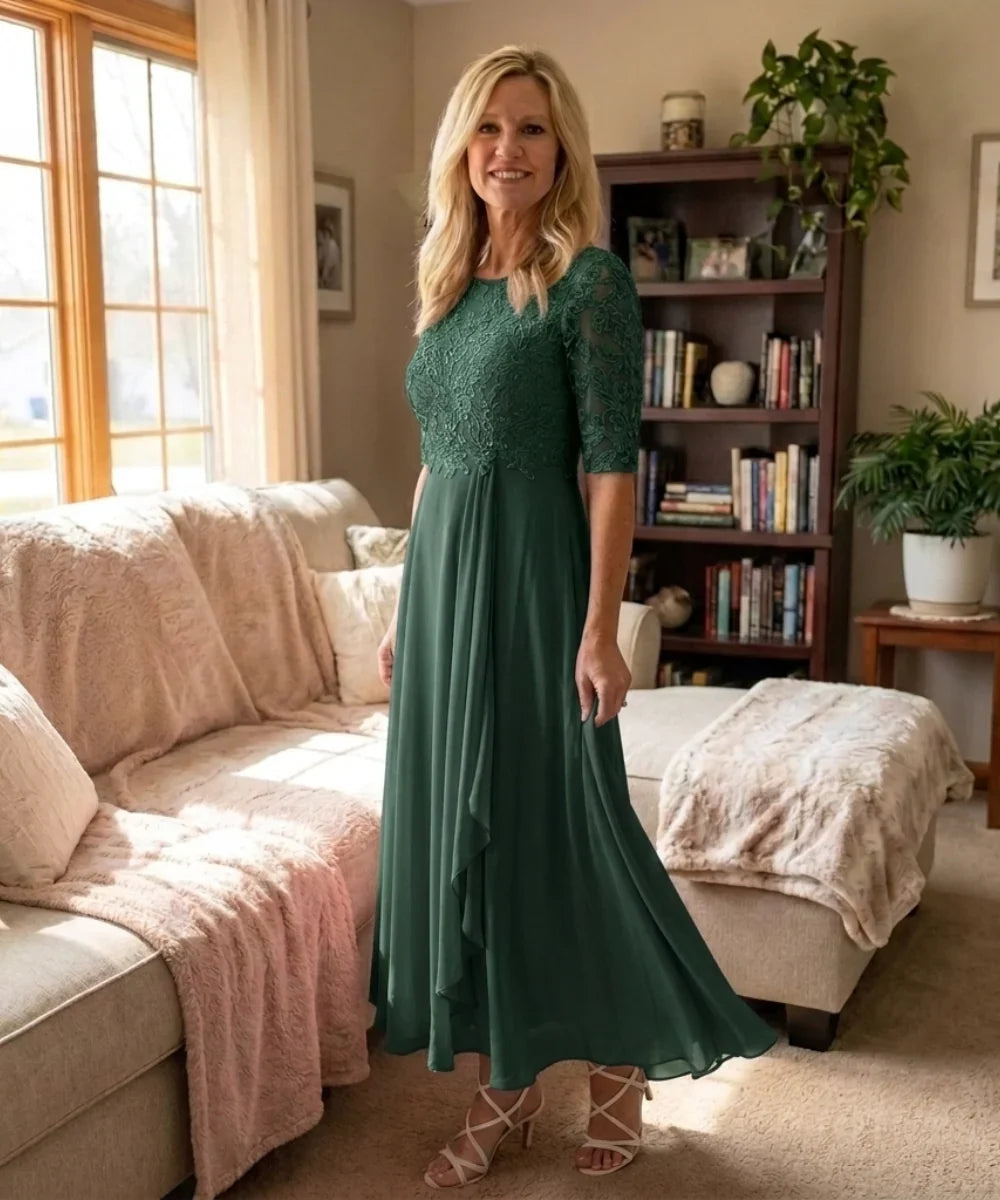 Women's Autumn Wedding Guest Dress | Midi Lace Overlay Cascading Ruffle