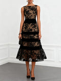 Women's Black Dress | Midi Floral Appliqué Sleeveless