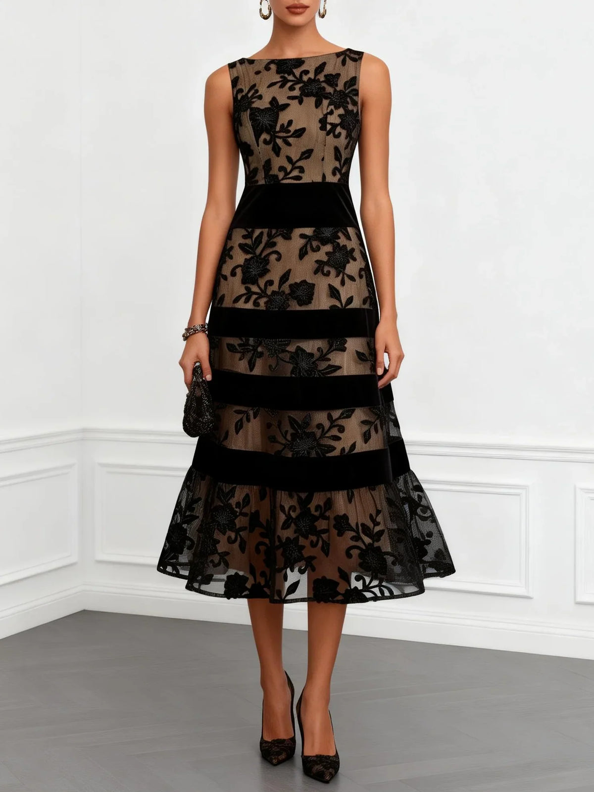 Women's Black Dress | Midi Floral Appliqué Sleeveless