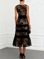 Women's Black Dress | Midi Floral Appliqué Sleeveless