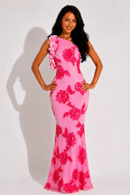 Women's Wedding Guest Dress | Maxi Pink Floral One Shoulder Ruffle