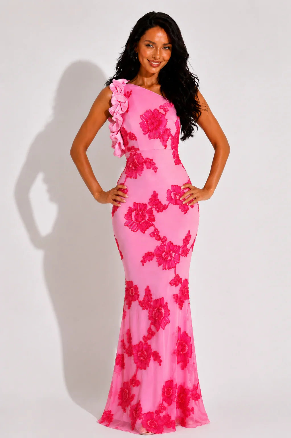 Women's Wedding Guest Dress | Maxi Pink Floral One Shoulder Ruffle