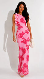 Women's Wedding Guest Dress | Maxi Pink Floral One Shoulder Ruffle