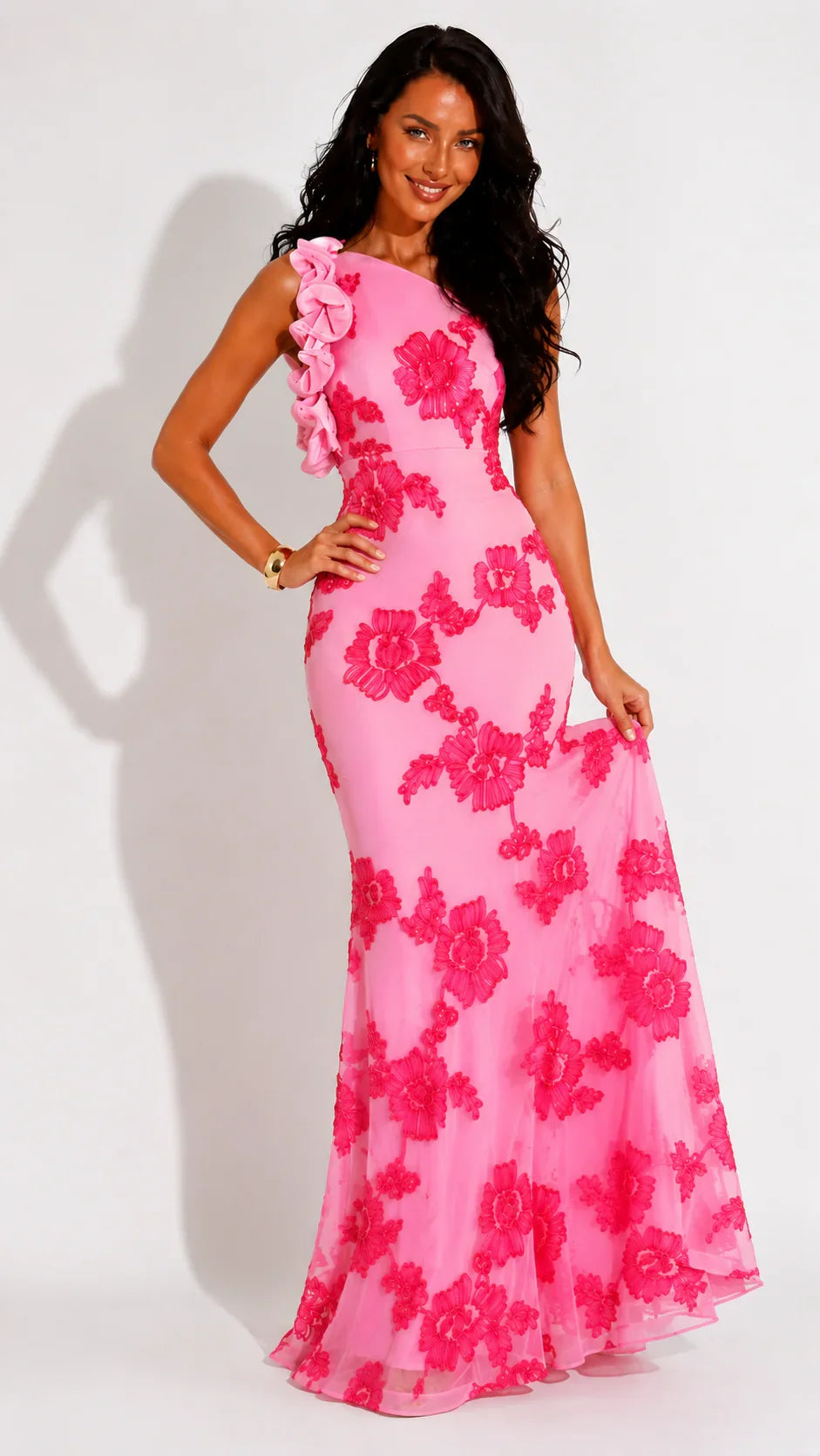 Women's Wedding Guest Dress | Maxi Pink Floral One Shoulder Ruffle