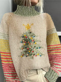 Women's Christmas Tree Knit Sweater, Turtleneck, Striped Sleeves