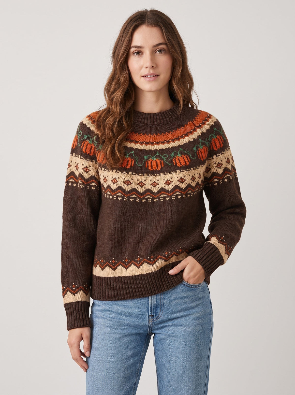 Women's Fair Isle Autumn Jumper, Pumpkin & Leaf Knit, Crew Neck