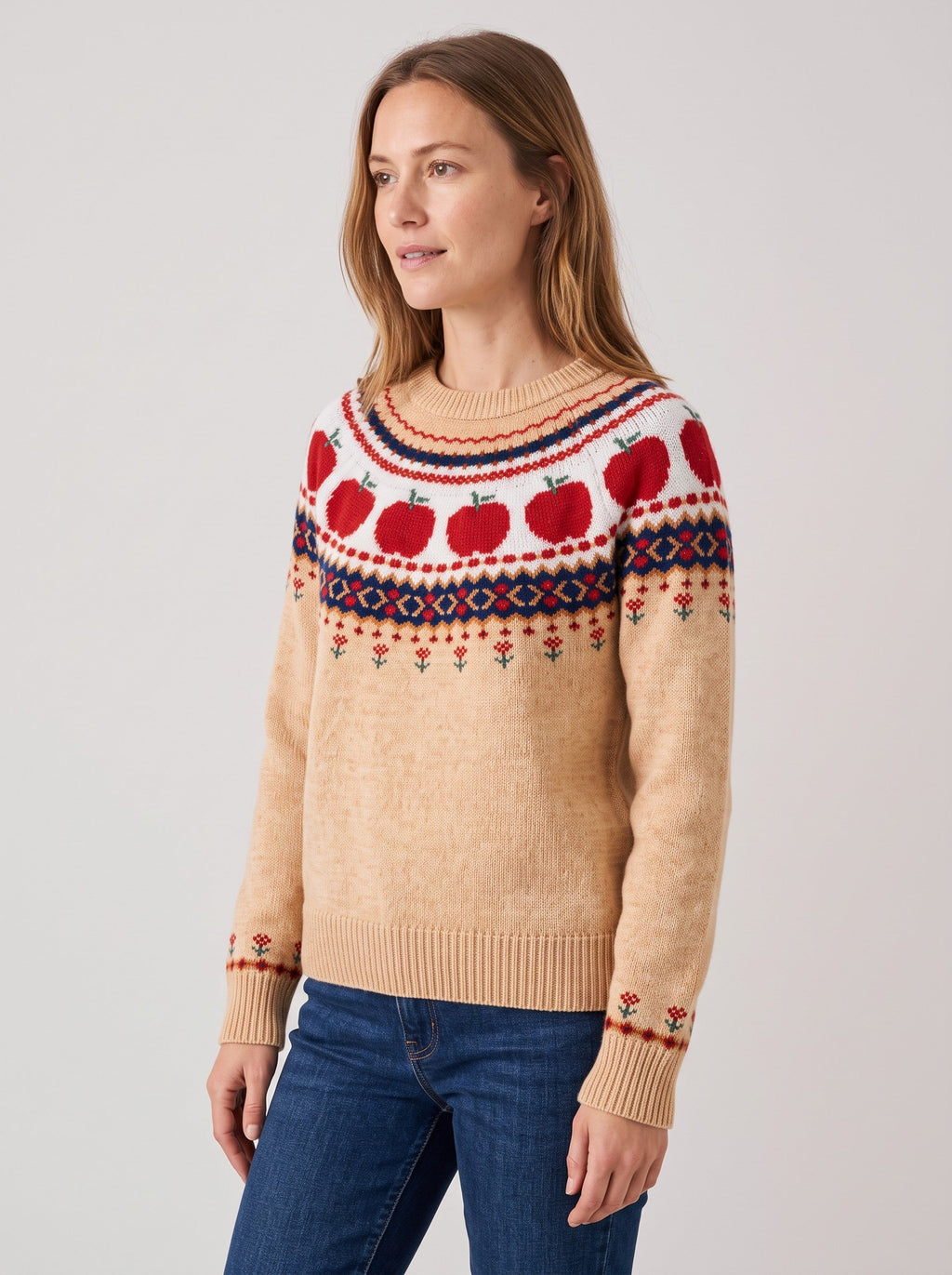 Women's Fair Isle Autumn Jumper, Pumpkin & Leaf Knit, Crew Neck