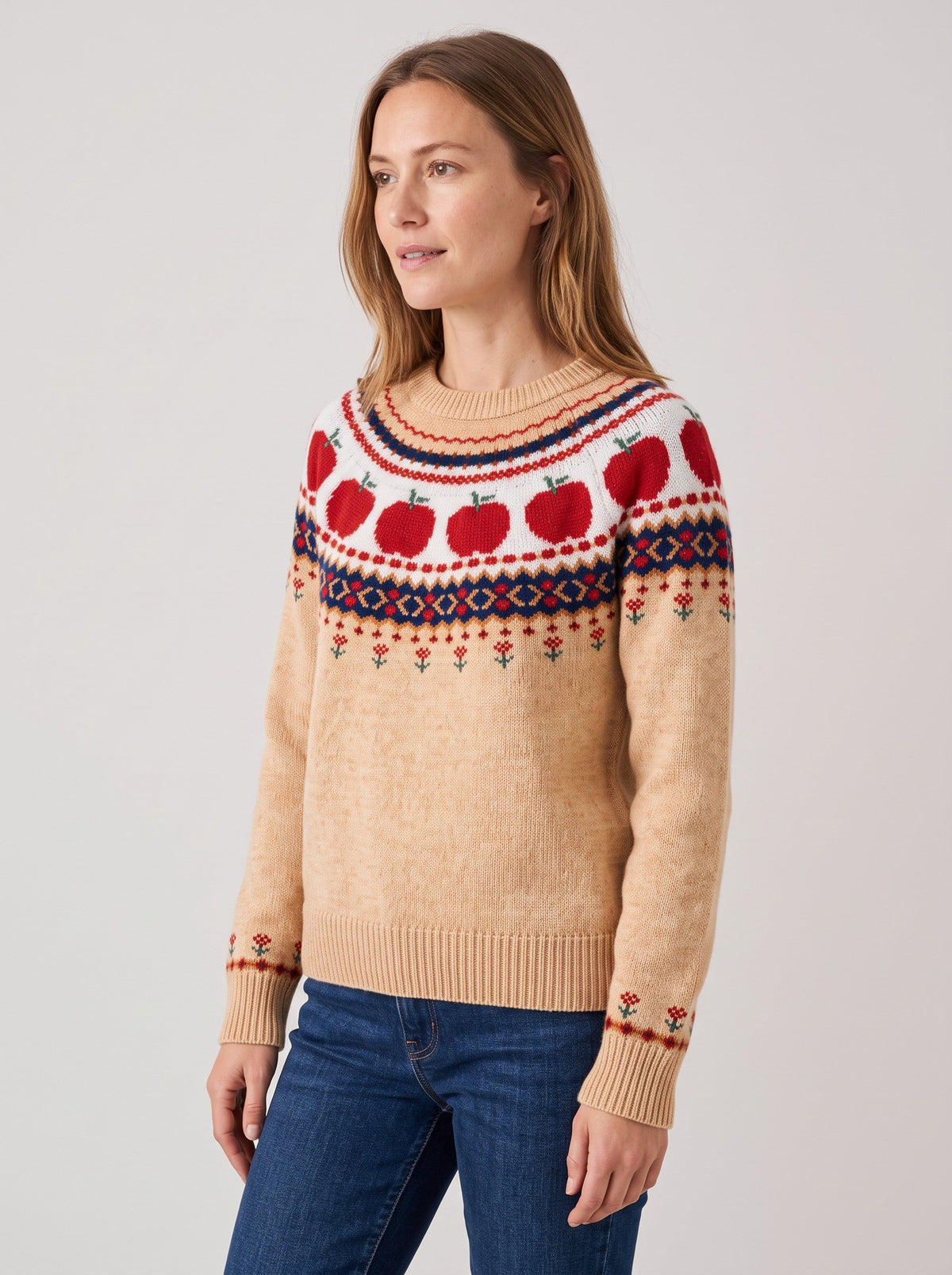 Women's Fair Isle Autumn Jumper, Pumpkin & Leaf Knit, Crew Neck