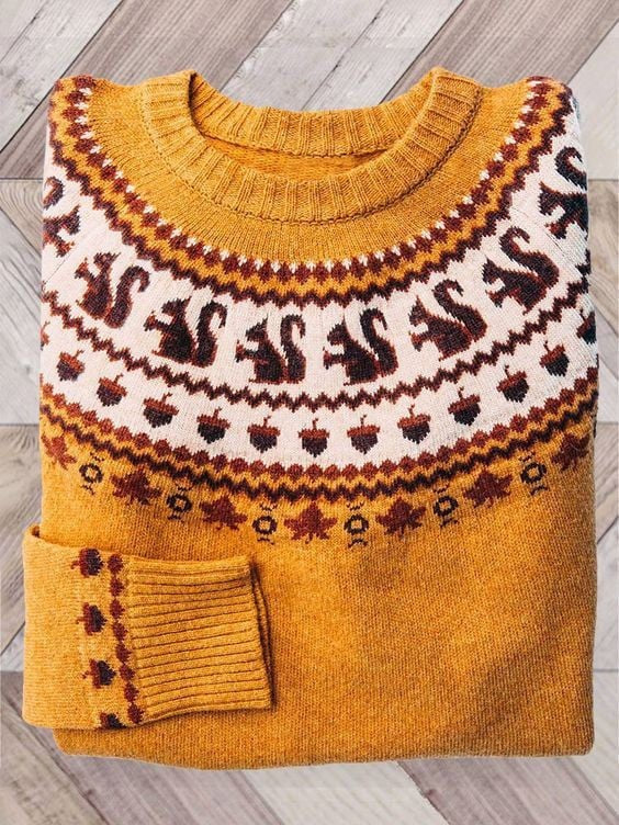 Women's Fair Isle Autumn Jumper, Pumpkin & Leaf Knit, Crew Neck