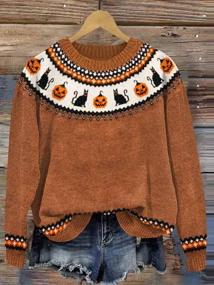 Women's Fair Isle Autumn Jumper, Pumpkin & Leaf Knit, Crew Neck